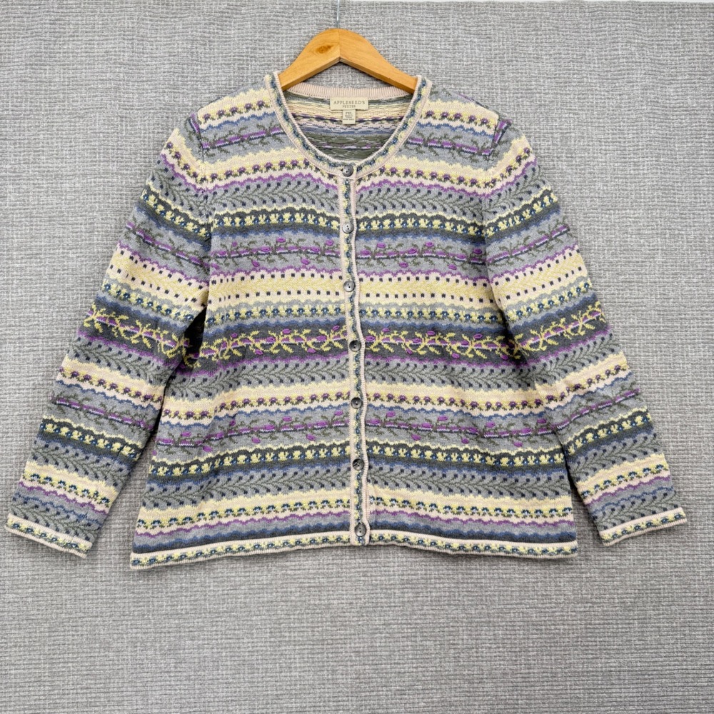 Appleseeds Petites PXL Multi Color Floral Fair Isle Knit Cotton Cardigan Cottage
